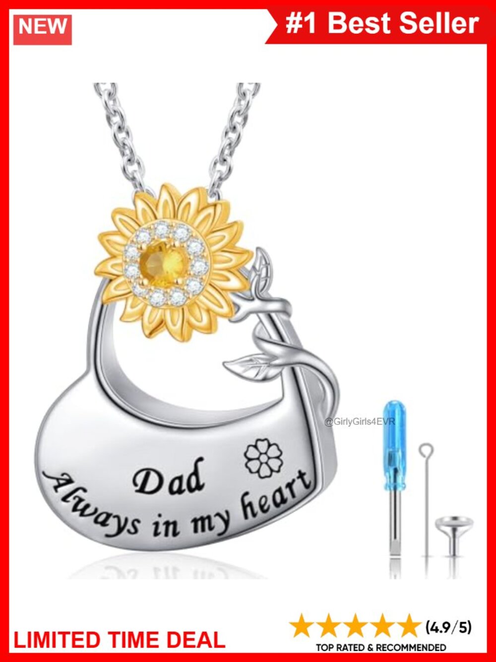 Sterling Silver Sunflower Heart Urn Necklace Memorial Ashes Jewelry